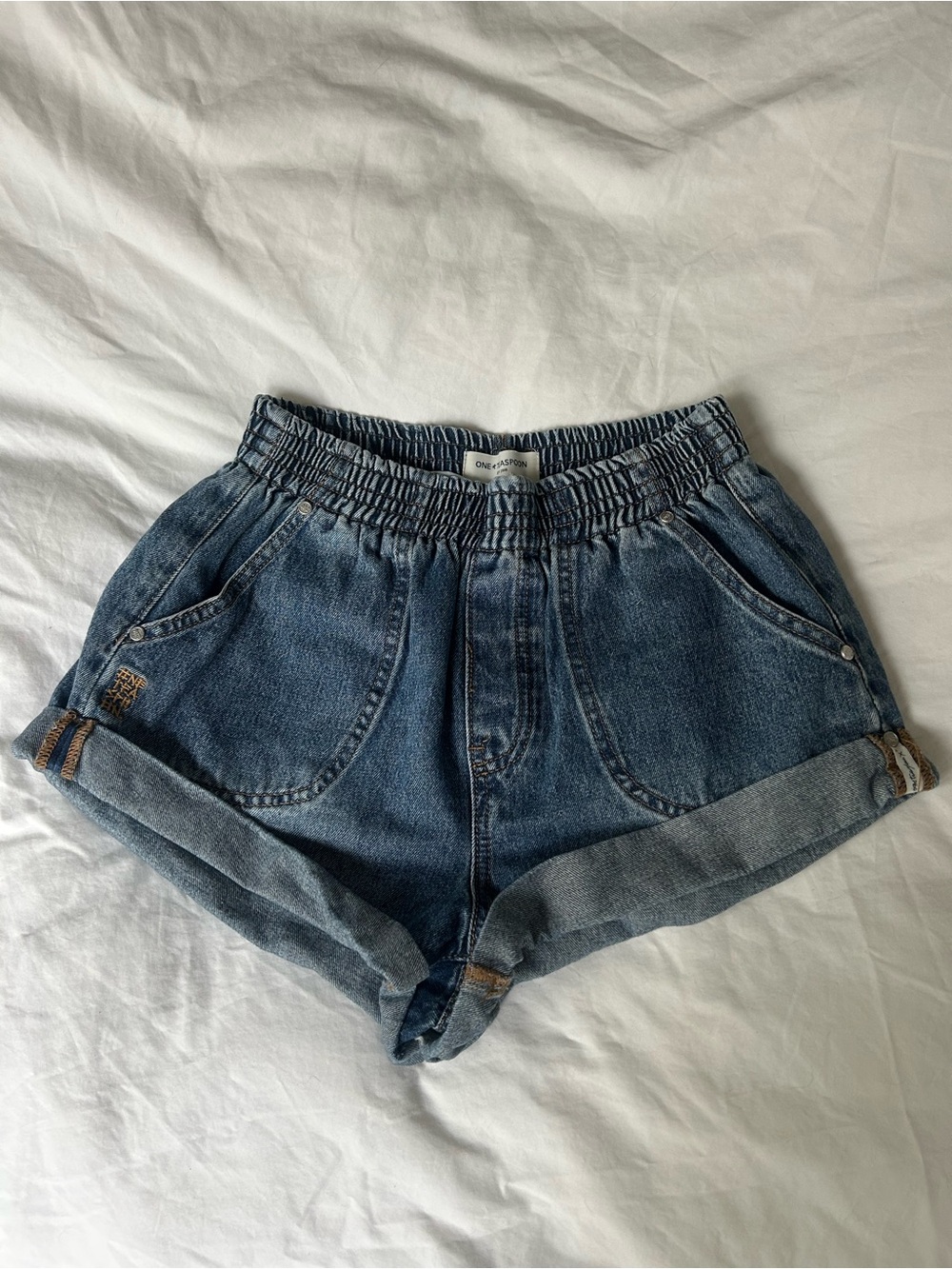 One Teaspoon Blue Rolled-Hem Elastic Waist Denim Shorts